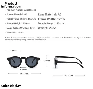 Detailed size chart for retro round sunglasses showing frame dimensions and weight specs