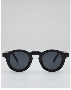 Detailed front view of classic black round frame sunglasses with thick acetate and grey lenses