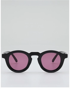 Front view of vintage round sunglasses featuring a thick black frame and pink lenses
