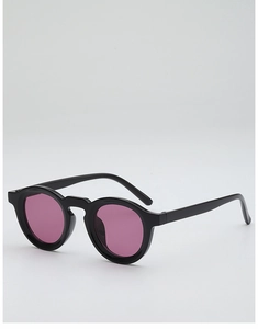 Detail view of retro black round frame sunglasses featuring premium purple tinted lenses