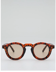 Detailed view of tortoiseshell round sunglasses with brown tinted lenses and keyhole bridge