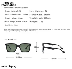 Detailed size chart for retro oversized sunglasses with PC and AC frame specifications