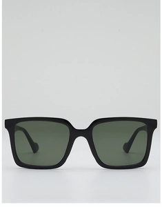 Detail of glossy black oversized square frame sunglasses with drop-shaped temple tips