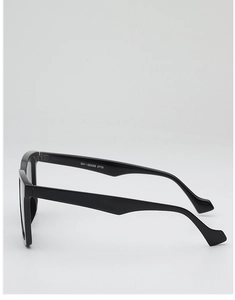 Detail view of thick black square sunglasses temples with internal printed size coding