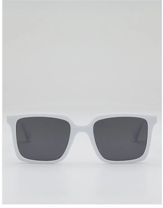 Front view of large white square frame sunglasses with dark grey polarized lenses