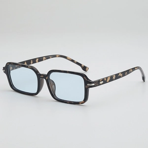 Retro square tortoiseshell sunglasses with light blue lenses and silver metal accents
