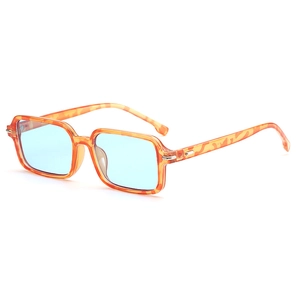 Retro rectangle sunglasses with orange tortoiseshell frames and light blue tinted lenses