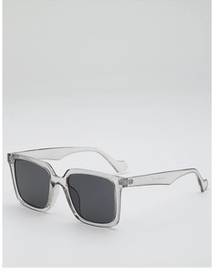 Detail view of transparent grey square frame sunglasses showing size specs on the temple