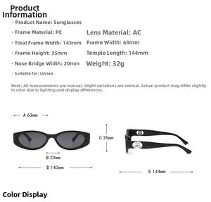 Detailed size specifications for oval frame sunglasses with PC frame and AC lenses