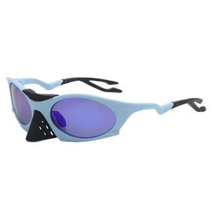 Y2K sporty polarized sunglasses with blue frame and purple lenses for outdoor activities