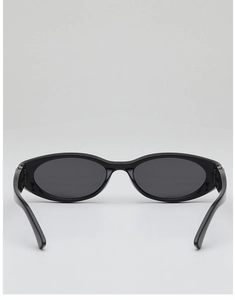 Rear view of vintage oval black sunglasses with high-gloss frame and dark grey lenses