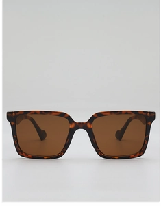 Front view of stylish retro tortoiseshell square sunglasses featuring dark brown lenses