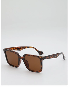 Detailed side view of tortoise shell square frame sunglasses with thick brown temples