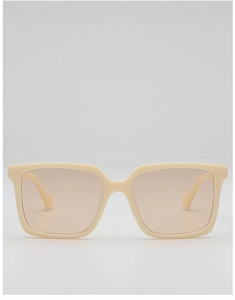 Detailed view of cream square oversized sunglasses with light brown translucent lenses