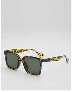 Detail view of tortoiseshell oversized square sunglasses with dark green lenses