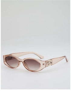 Detail view of pink oval frame sunglasses with metal hinge and brown gradient lenses