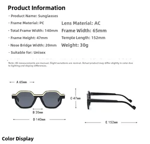 Detailed size chart for geometric octagon sunglasses showing exact frames measurements