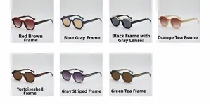 Collage of retro hexagonal sunglasses in seven vibrant colors for stylish street fashion