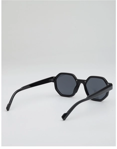 Detailed back view of black hexagonal sunglasses showing frame hinge and glossy texture