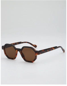 Macro detail of geometric tortoise shell sunglasses frames and brown lenses