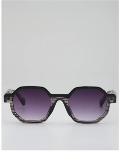 Detailed front view of octagonal sunglasses with purple gradient lenses and striped frame