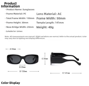 Size chart showing exact dimensions of these rectangular wide-frame UV400 sunglasses