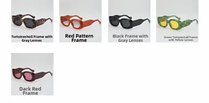 Detail view of five retro wide-frame sunglasses in various colors and tinted lenses