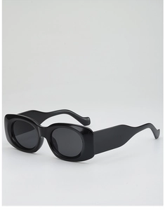 Macro detail of retro thick frame sunglasses with wide wavy temples and black finish