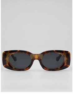 Detailed close-up of tortoise shell pattern frames and dark lenses on retro sunglasses