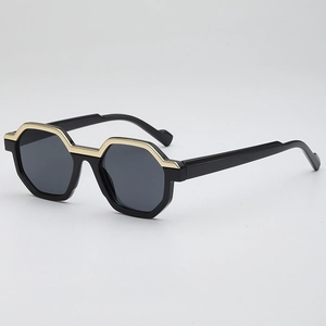Chic hexagonal UV400 sunglasses with black frame and golden metal accents