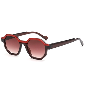 Polygonal two-tone red frame sunglasses with gradient brown lenses for UV400 protection