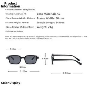 Detailed size chart with dimensions for vintage black rectangular frame sunglasses