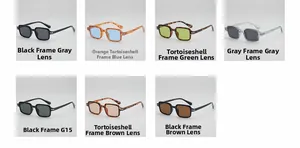 Detailed grid showing seven vintage square sunglasses in various lens and frame colors