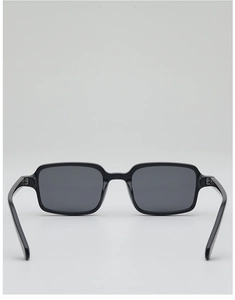 Back view of vintage black rectangle sunglasses showing hinge and temple structure