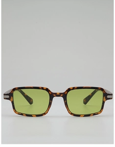 Close-up of tortoise shell frame and green lenses with silver metal temple details