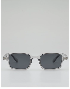 Detail of vintage rectangular sunglasses with gray frames and silver arrow metal accents