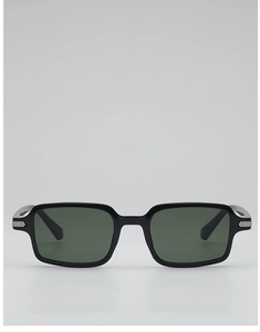 Detail of black rectangular sunglasses with silver metal trim on the sleek temple hinges