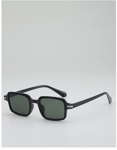 Close-up of vintage black rectangular sunglasses with silver hinge metal decoration