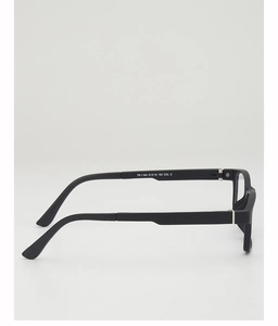 Macro view of matte black TR90 eyewear frame showing hinge and size specification text