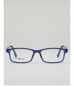 Close-up of blue TR90 frame eyeglasses showing model 1164 and technical specifications