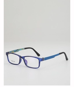 Detail of TR90 glasses frame showing blue translucent finish and dynamic pattern