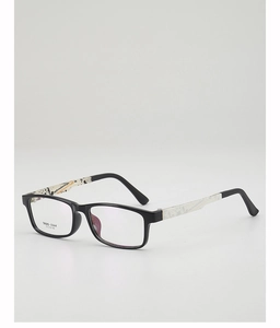 Detail view of TR90 glasses frames with unique white splatter texture on the temple arms