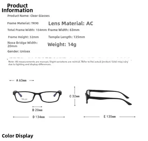 Detailed size chart for lightweight TR90 square frame glasses with full dimensions