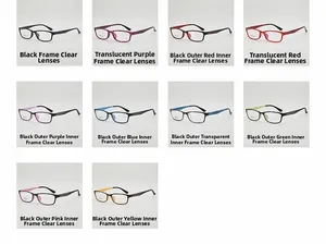 Grid display of lightweight square eyewear frames in multiple retro color combinations