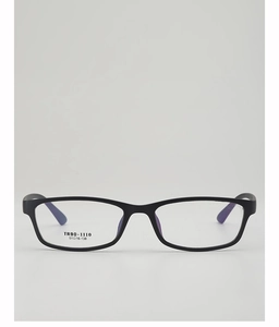 Detail of lightweight black TR90 rectangular glasses frames with purple temple accents