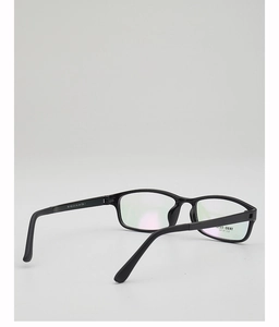 Detail view of TR90 square black frame glasses with printed specifications and model TR-1152