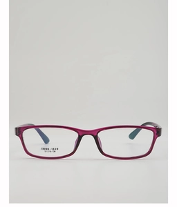 Macro view of purple translucent TR90 square glasses frame with black temples