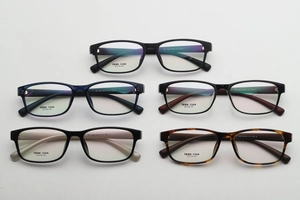 Five assorted TR90 square eyeglass frames in black, blue, beige, and tortoiseshell patterns