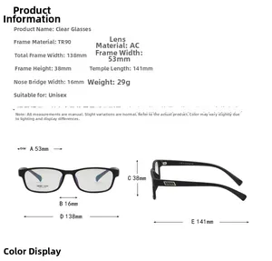 Detailed size chart for TR90 square glasses showing frame dimensions and specifications