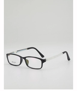Detail view of TR90 lightweight square frame glasses with blue striped temples and model info